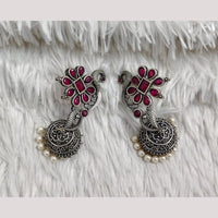 Rajwadi Collection Boho Stylish Oxidised Plated Pota Stone And Pearl Jhumki Earrings 