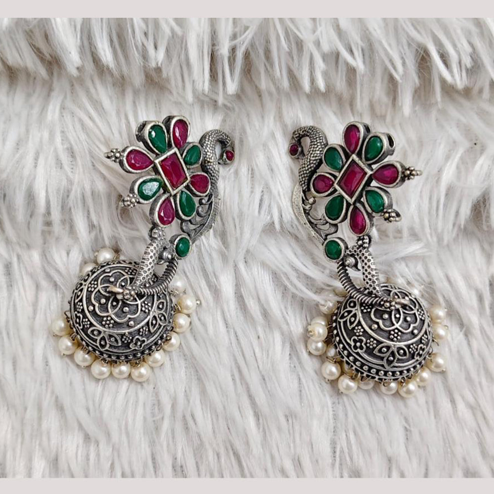Rajwadi Collection Boho Stylish Oxidised Plated Pota Stone And Pearl Jhumki Earrings