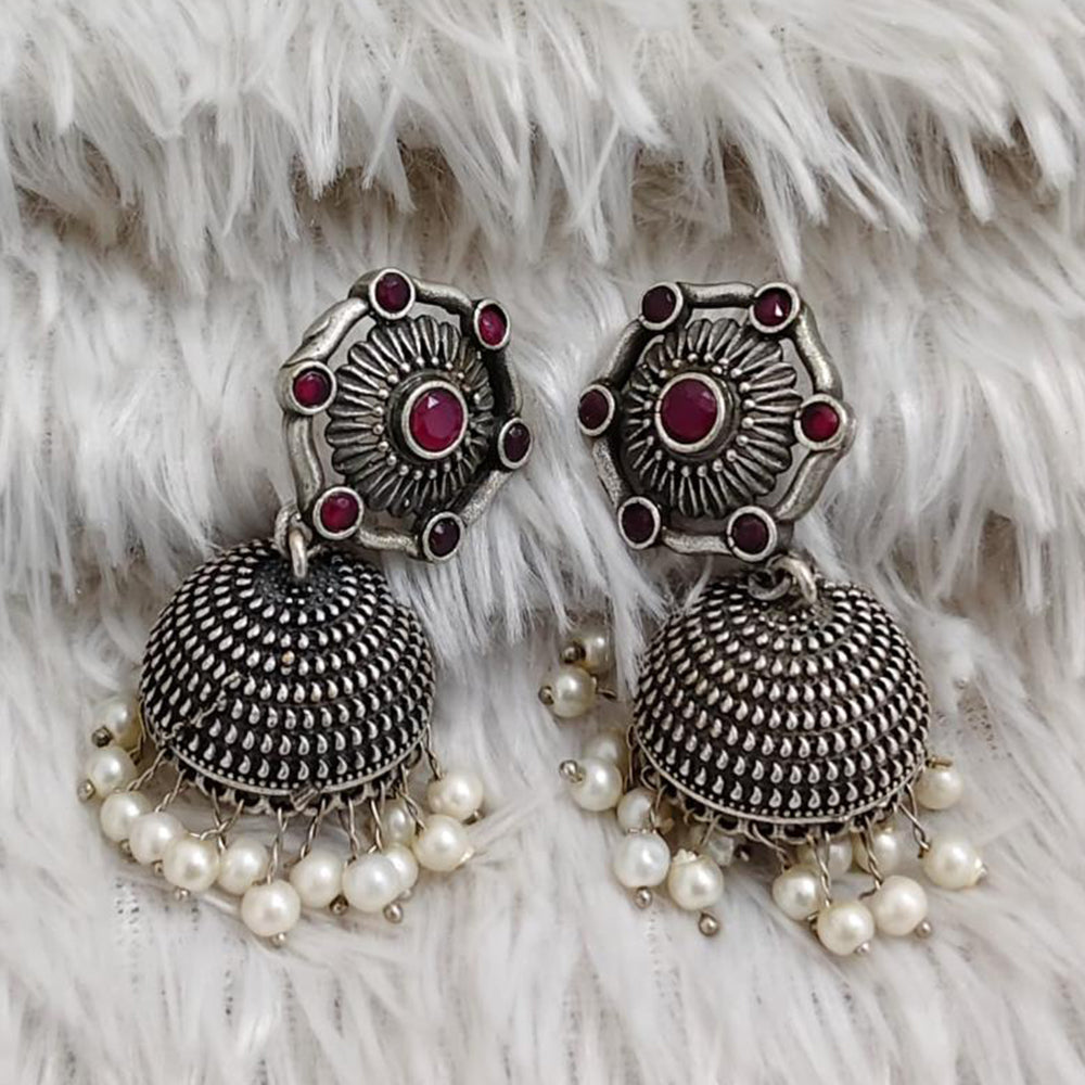 Rajwadi Collection Boho Stylish Oxidised Plated Pota Stone And Pearl Jhumki Earrings