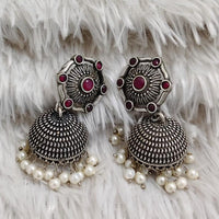 Rajwadi Collection Boho Stylish Oxidised Plated Pota Stone And Pearl Jhumki Earrings 