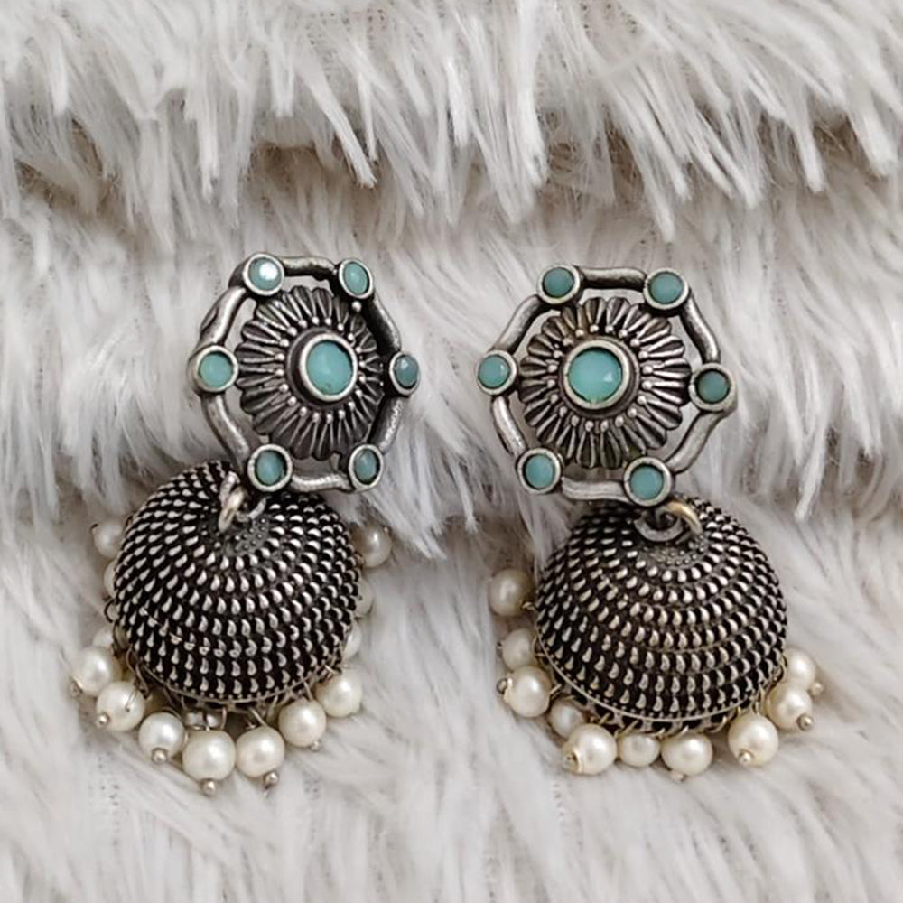 Rajwadi Collection Boho Stylish Oxidised Plated Pota Stone And Pearl Jhumki Earrings