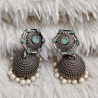 Rajwadi Collection Boho Stylish Oxidised Plated Pota Stone And Pearl Jhumki Earrings