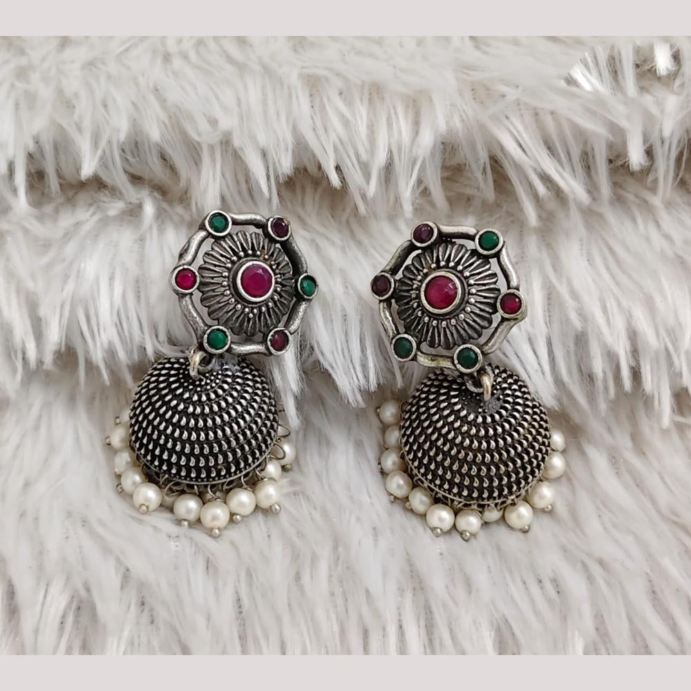 Rajwadi Collection Boho Stylish Oxidised Plated Pota Stone And Pearl Jhumki Earrings