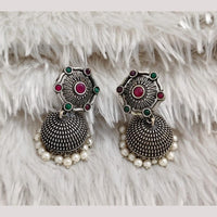 Rajwadi Collection Boho Stylish Oxidised Plated Pota Stone And Pearl Jhumki Earrings