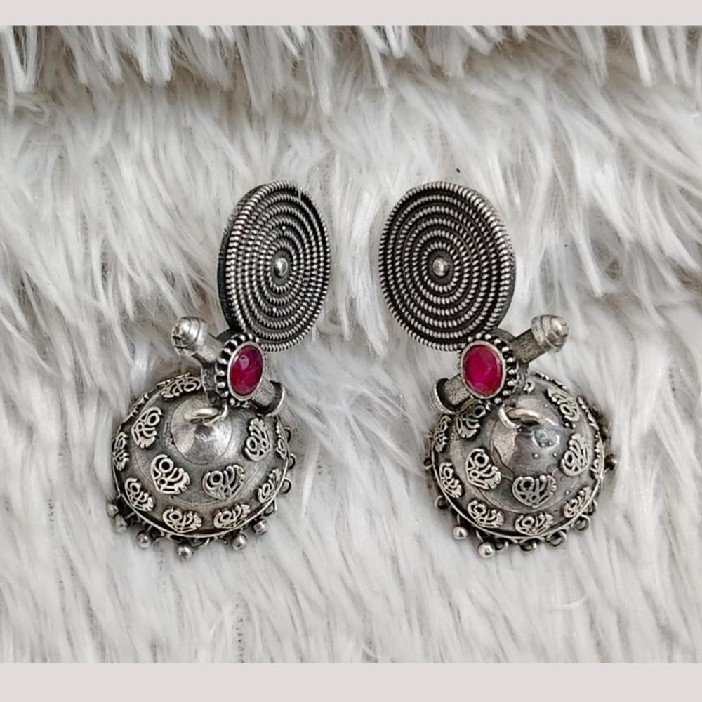 Rajwadi Collection Boho Stylish Oxidised Plated Pota Stone And Pearl Jhumki Earrings
