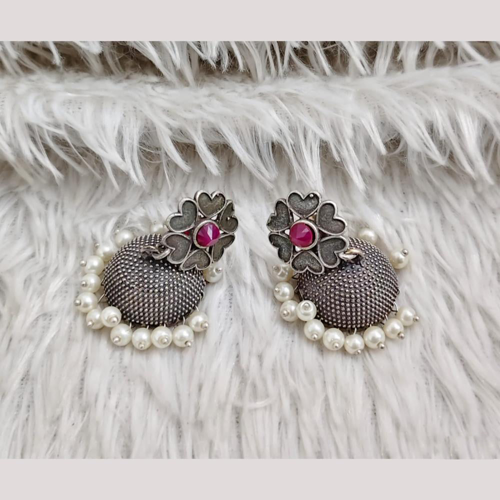 Rajwadi Collection Boho Stylish Oxidised Plated Pota Stone And Pearl Jhumki Earrings