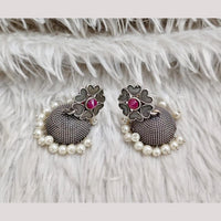 Rajwadi Collection Boho Stylish Oxidised Plated Pota Stone And Pearl Jhumki Earrings 