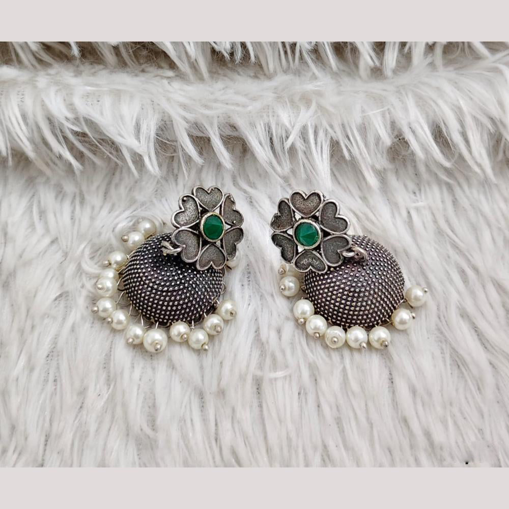 Rajwadi Collection Boho Stylish Oxidised Plated Pota Stone And Pearl Jhumki Earrings
