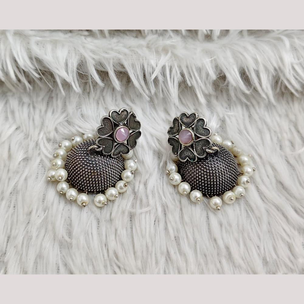 Rajwadi Collection Boho Stylish Oxidised Plated Pota Stone And Pearl Jhumki Earrings