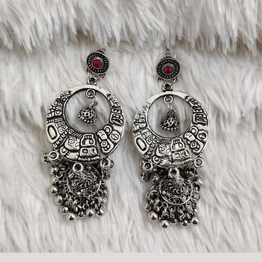 Rajwadi Collection Boho Stylish Oxidised Plated Pota Stone And Pearl Jhumki Earrings