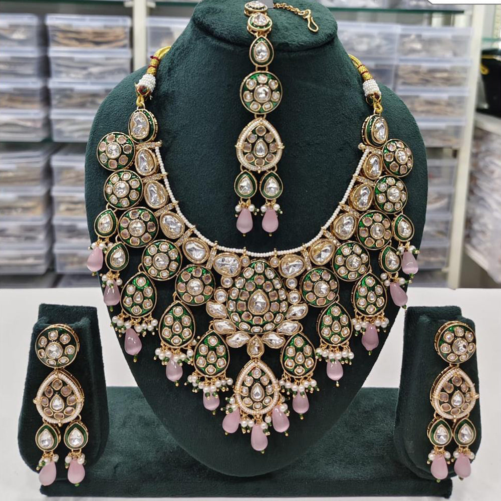Rajwadi Collection Elegant Kundan And Pota Stone Beads Meenakari Necklace Set
