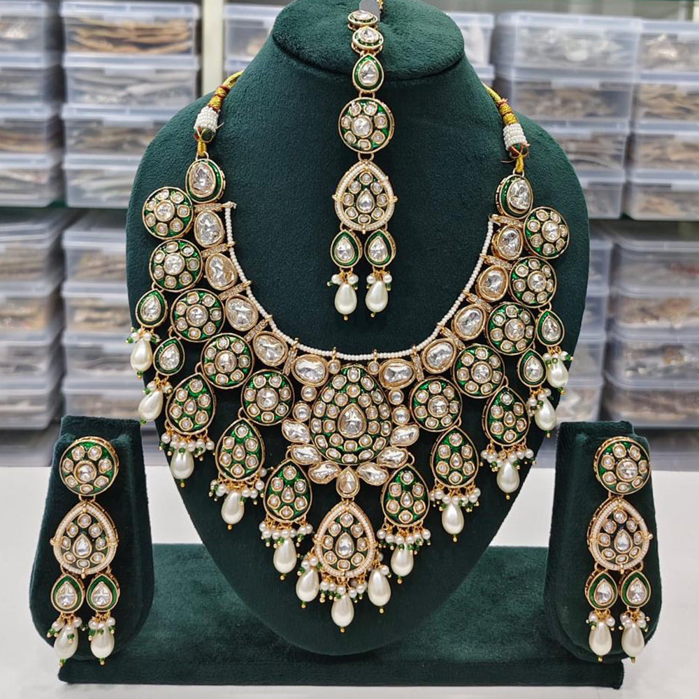 Rajwadi Collection Elegant Kundan And Pota Stone Beads Meenakari Necklace Set