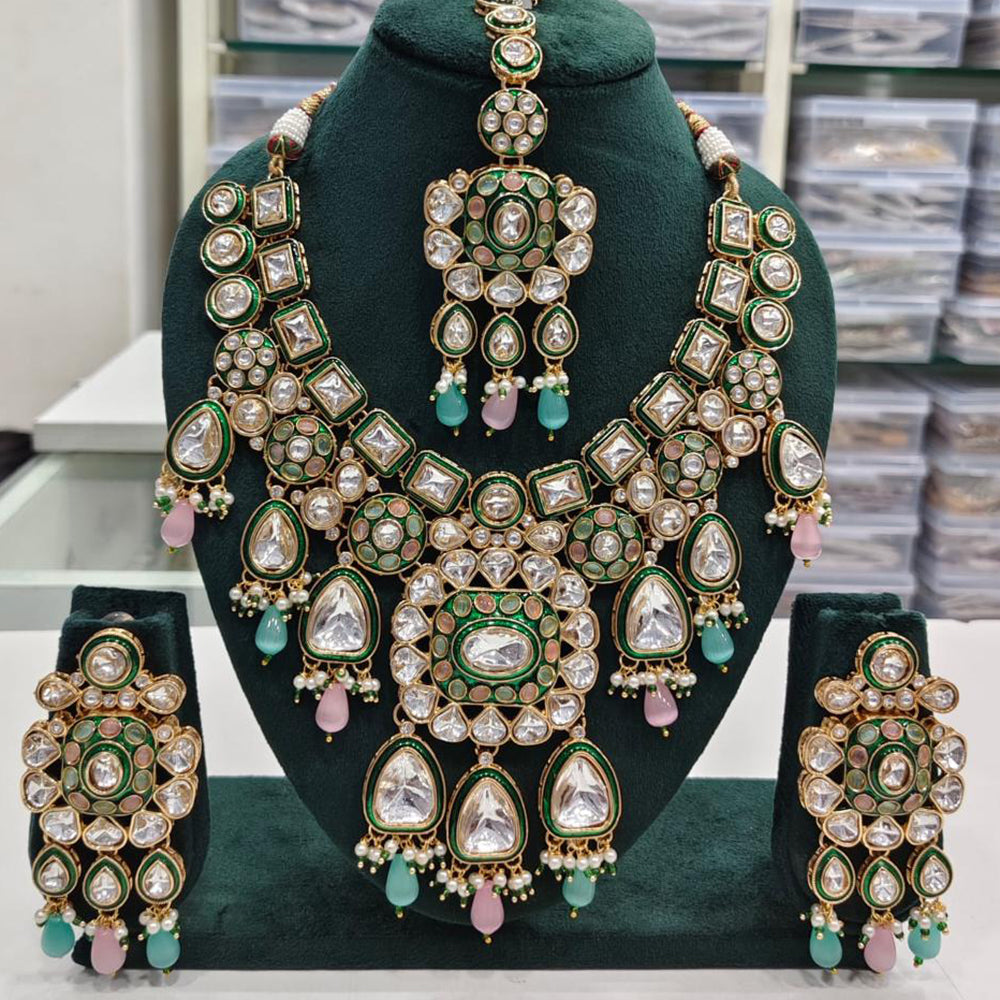 Rajwadi Collection Elegant Kundan And Pota Stone Beads Meenakari Necklace Set