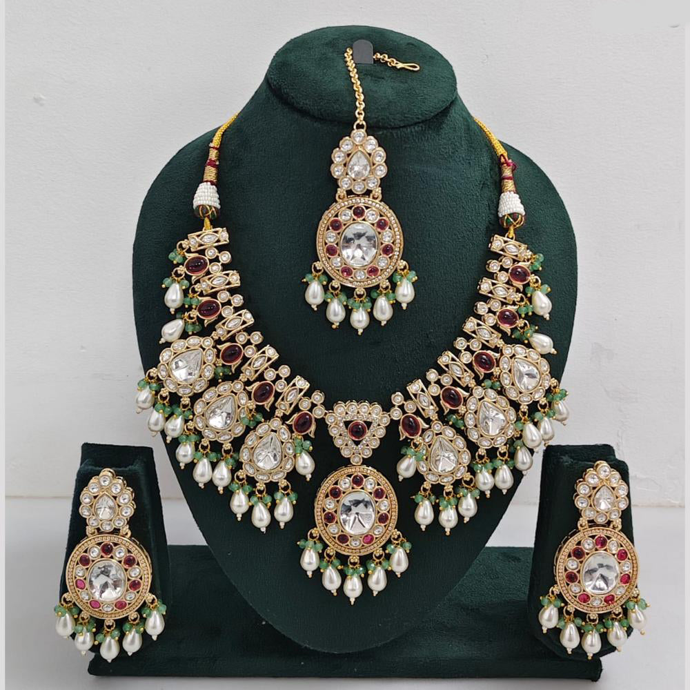 Rajwadi Collection Gold Plated Pota Stone Pearl And Beads Necklace Set