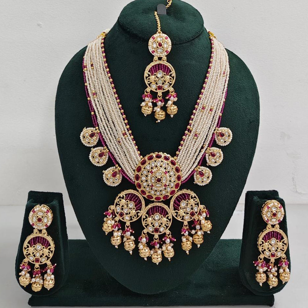 Rajwadi Collection Elegant Multi Layer Kundan Stone And Pearl Long Necklace Set