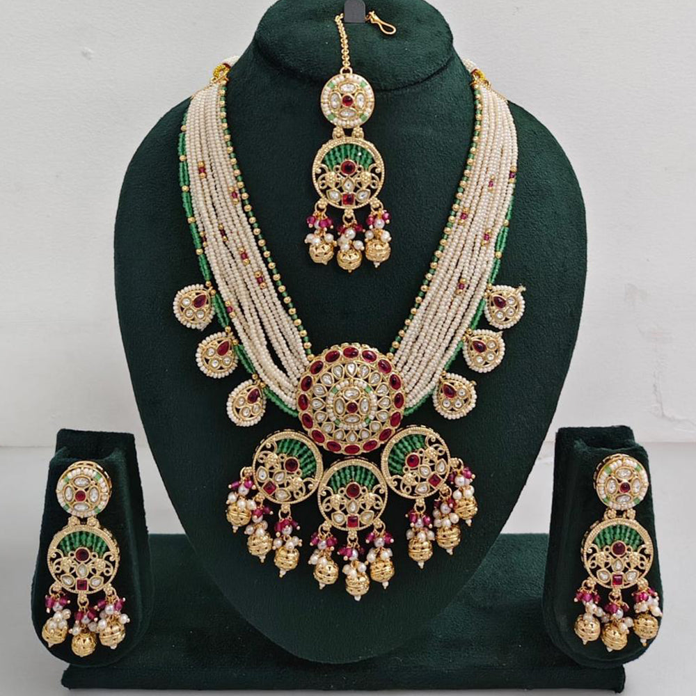 Rajwadi Collection Elegant Multi Layer Kundan Stone And Pearl Long Necklace Set