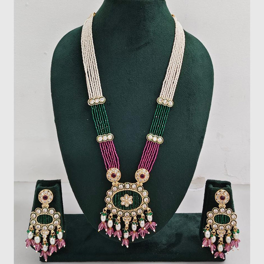 Rajwadi Collection Designer Crystal Stone Pearl Long Necklace Jewellery Set