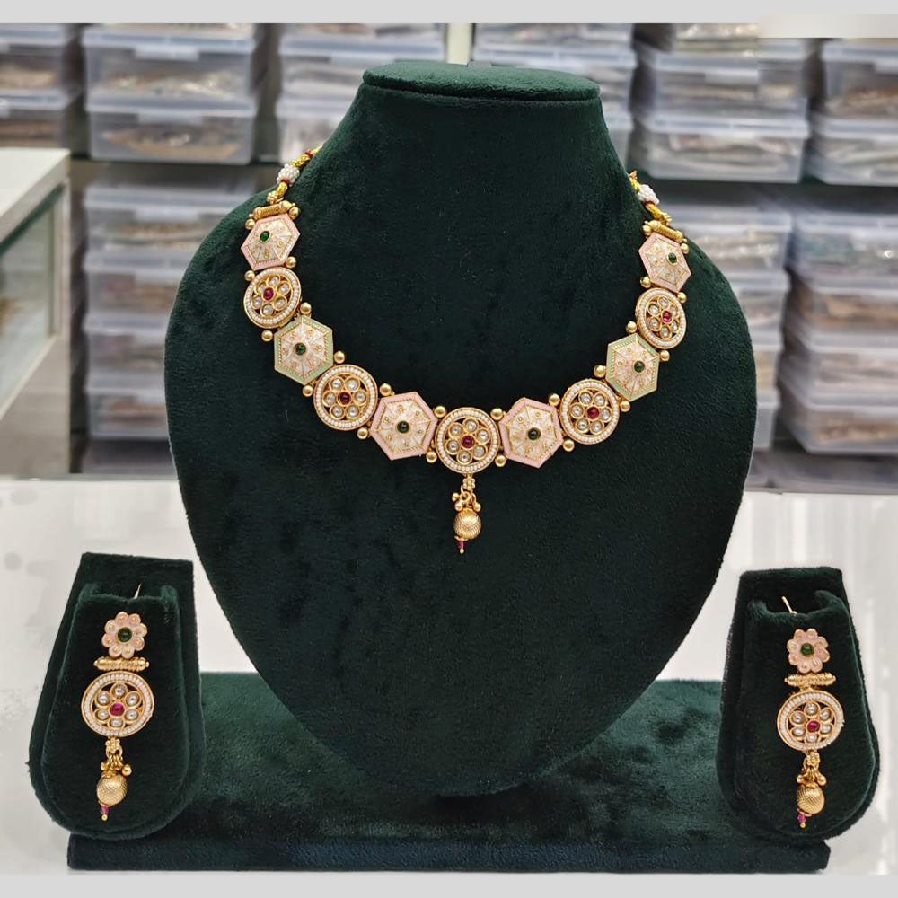 Rajwadi Collection Grand Look Pota Stone And Pearl Meenakari Necklace Set