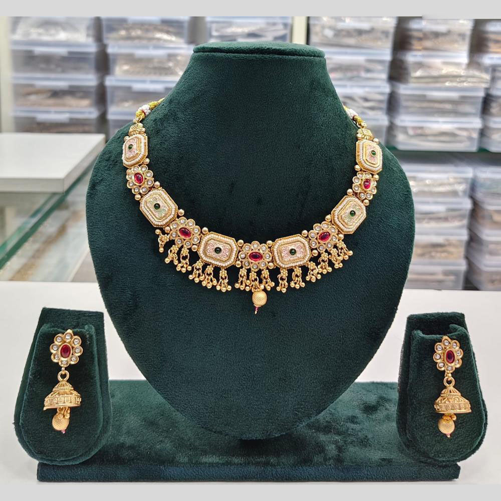 Rajwadi Collection Grand Look Pota Stone And Pearl Meenakari Necklace Set