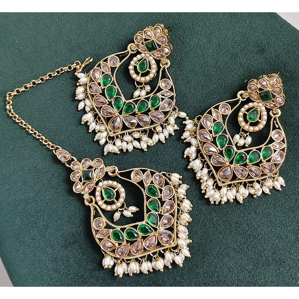 Rajwadi Collection Crystal Stone And Beads Dangler Earrings With Maangtikka