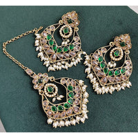 Rajwadi Collection Crystal Stone And Beads Dangler Earrings With Maangtikka