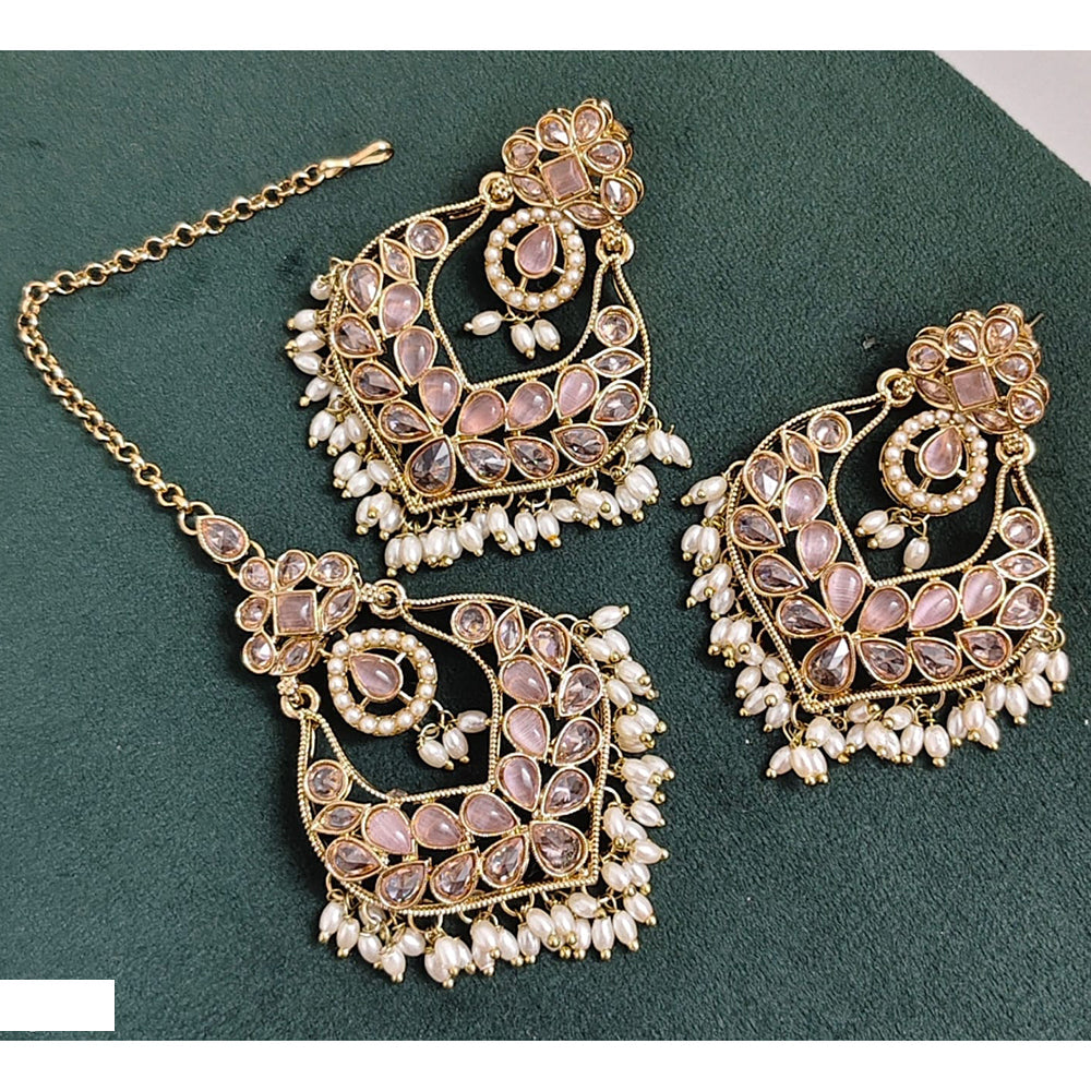 Rajwadi Collection Crystal Stone And Beads Dangler Earrings With Maangtikka