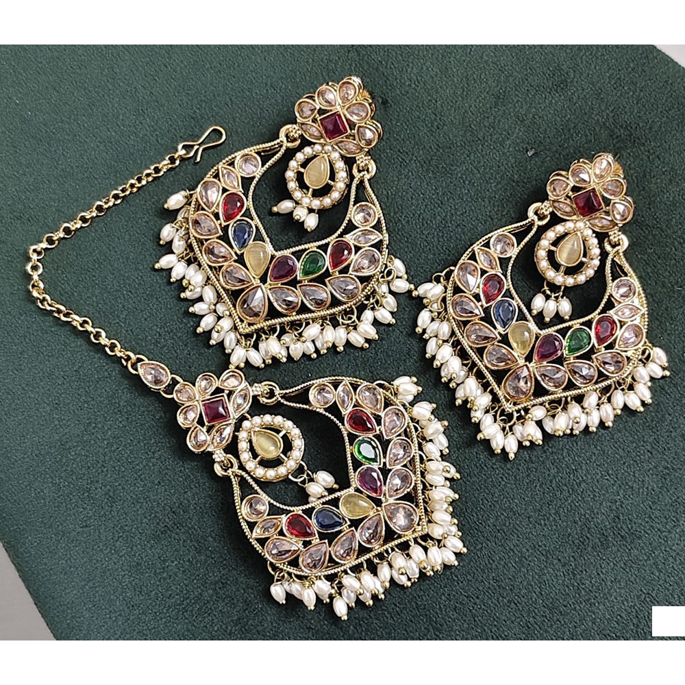 Rajwadi Collection Crystal Stone And Beads Dangler Earrings With Maangtikka
