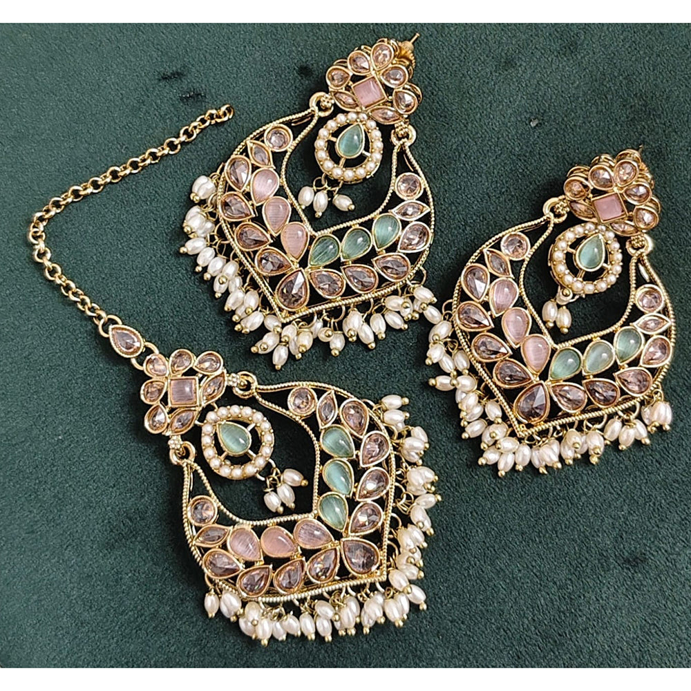 Rajwadi Collection Crystal Stone And Beads Dangler Earrings With Maangtikka