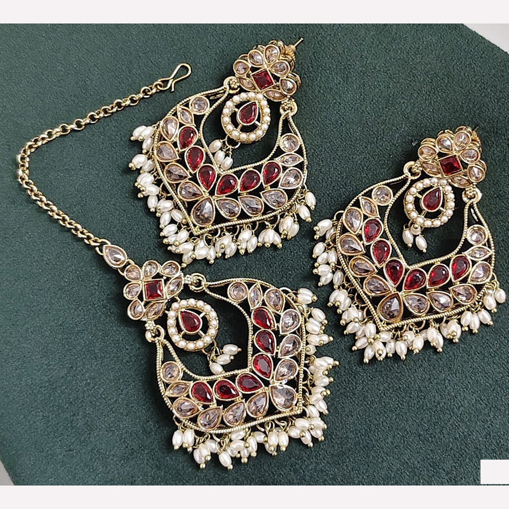 Rajwadi Collection Crystal Stone And Beads Dangler Earrings With Maangtikka