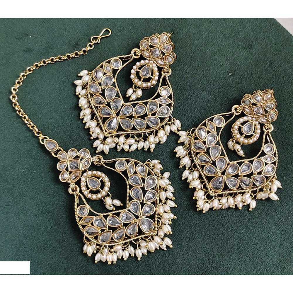 Rajwadi Collection Crystal Stone And Beads Dangler Earrings With Maangtikka