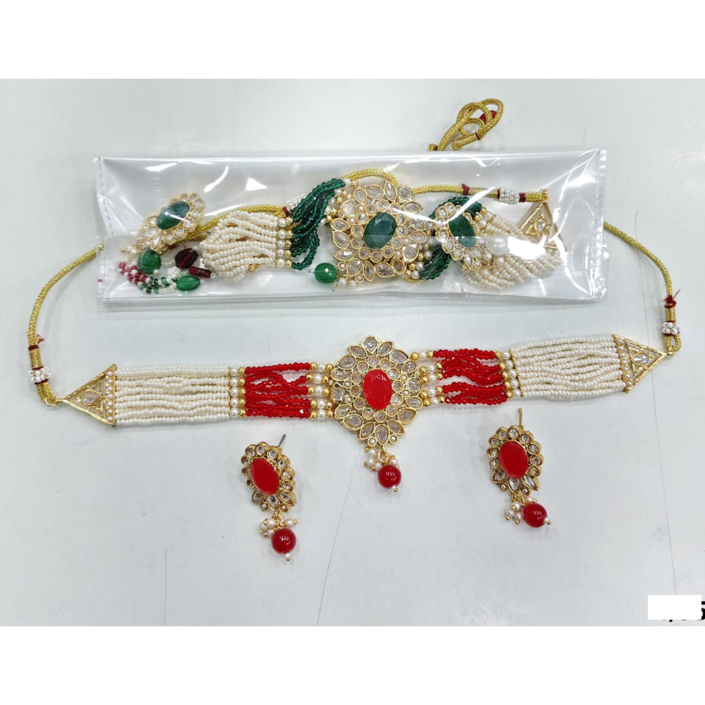 Rajwadi Collection Sparkling Crystal With Pearl Statement Choker Necklace Set