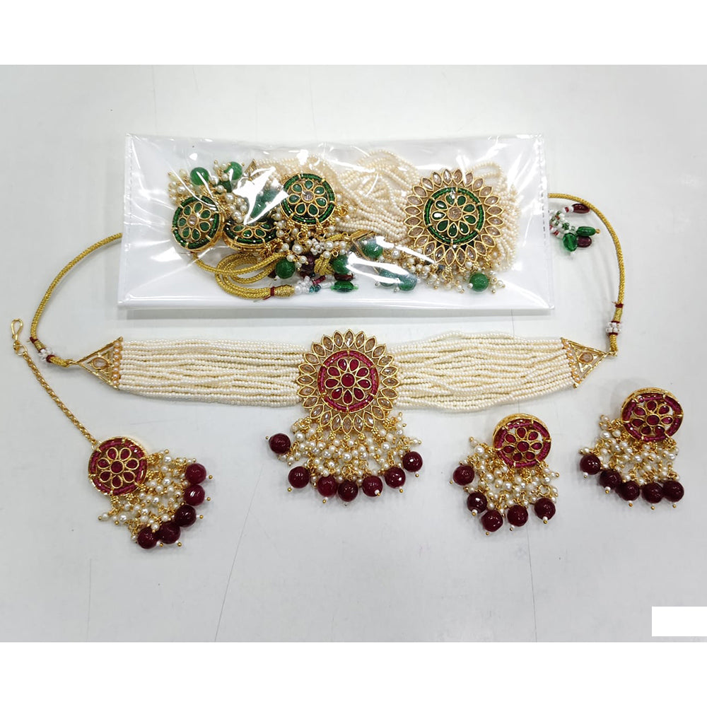 Rajwadi Collection Sparkling Crystal With Pearl Statement Choker Necklace Set