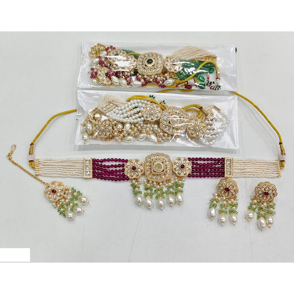 Rajwadi Collection Sparkling Crystal With Pearl Statement Choker Necklace Set