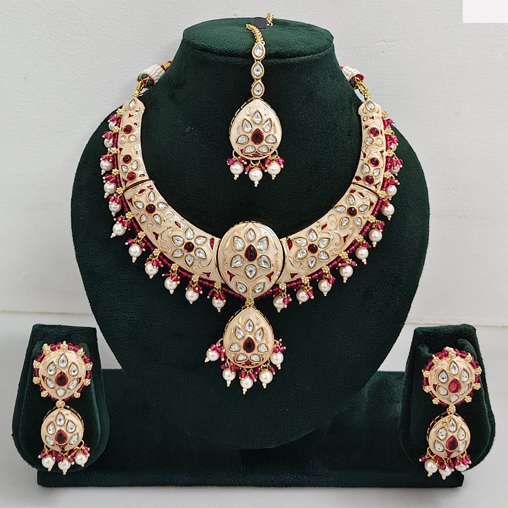 Rajwadi Collection Elegant Kundan Stone with Pearl Meenakari Necklace Set