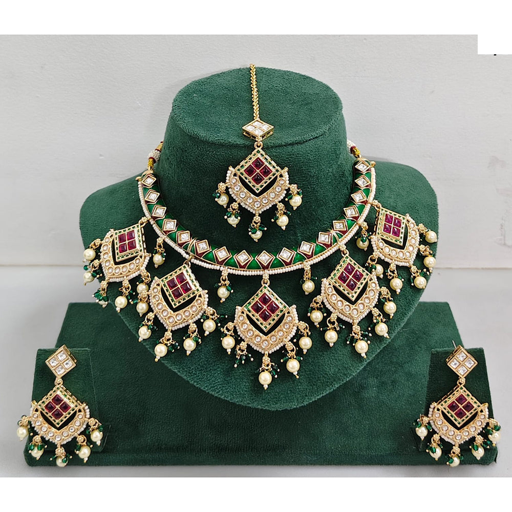 Rajwadi Collection Elegant Kundan Stone with Pearl Meenakari Necklace Set