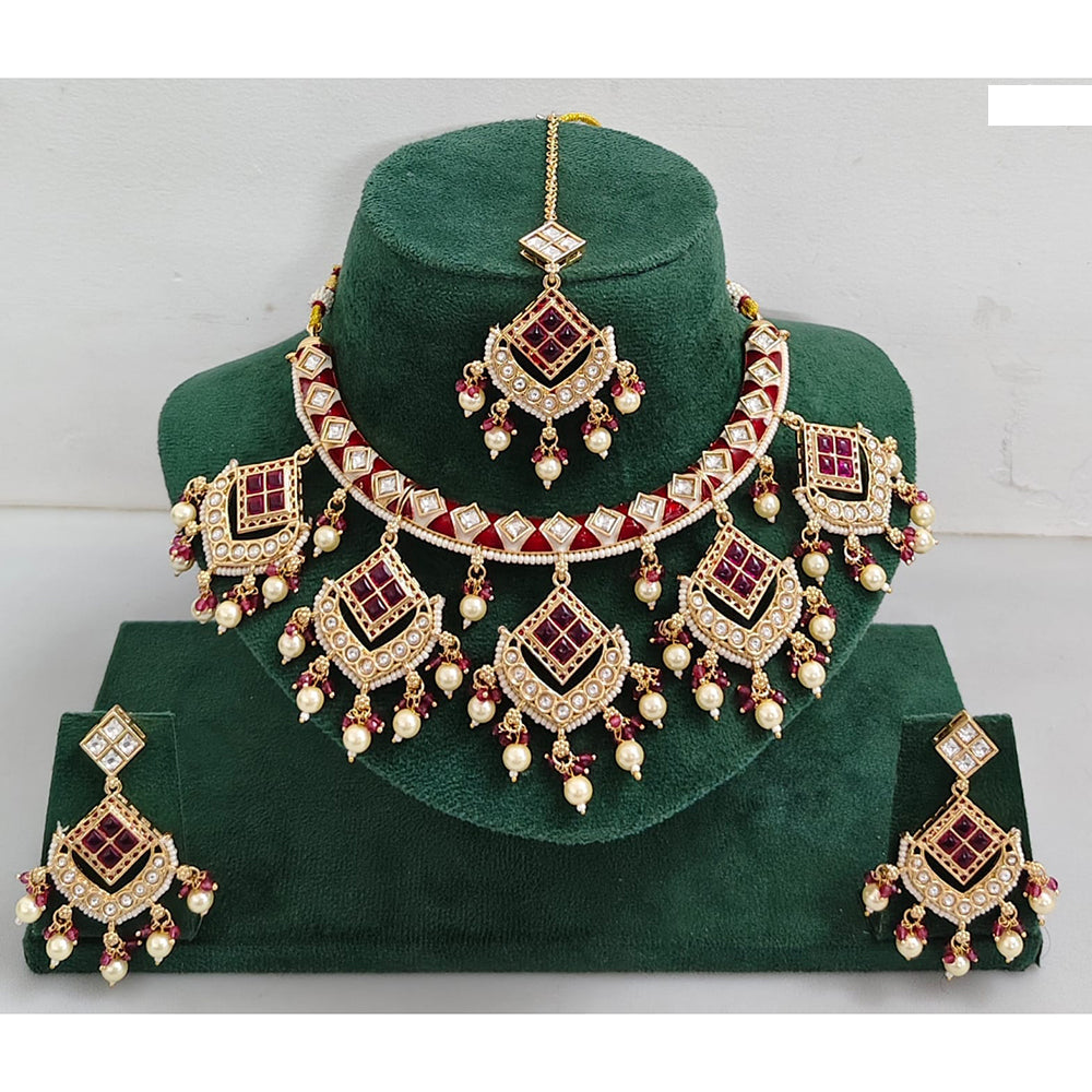 Rajwadi Collection Elegant Kundan Stone with Pearl Meenakari Necklace Set