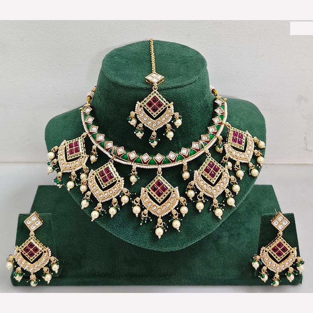 Rajwadi Collection Elegant Kundan Stone with Pearl Meenakari Necklace Set