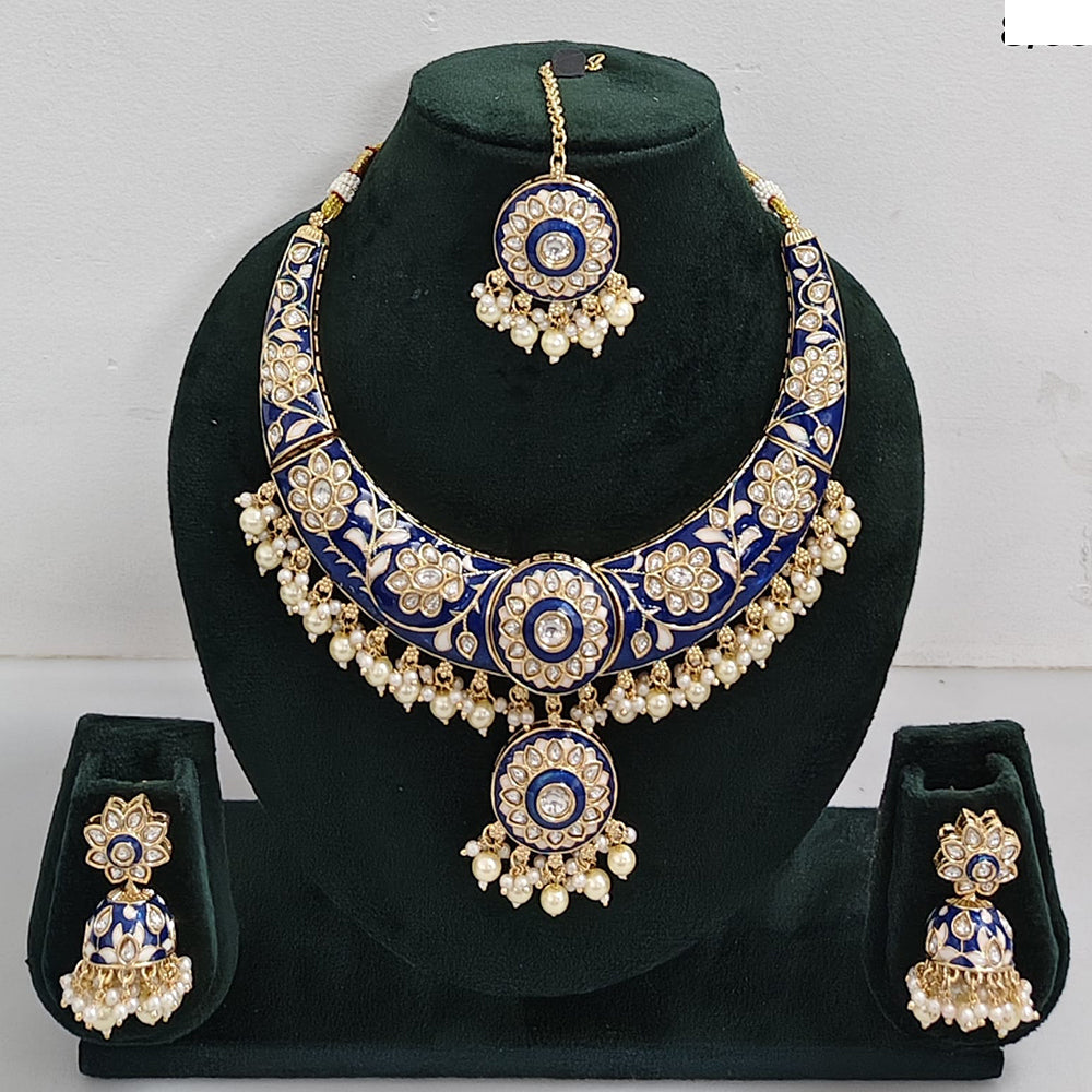 Rajwadi Collection Elegant Kundan Stone with Pearl Meenakari Necklace Set