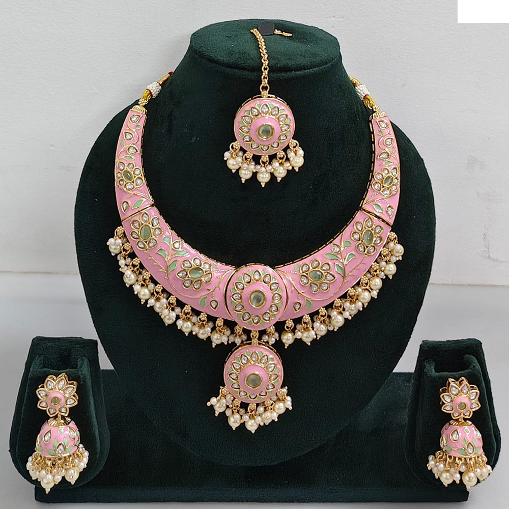 Rajwadi Collection Elegant Kundan Stone with Pearl Meenakari Necklace Set