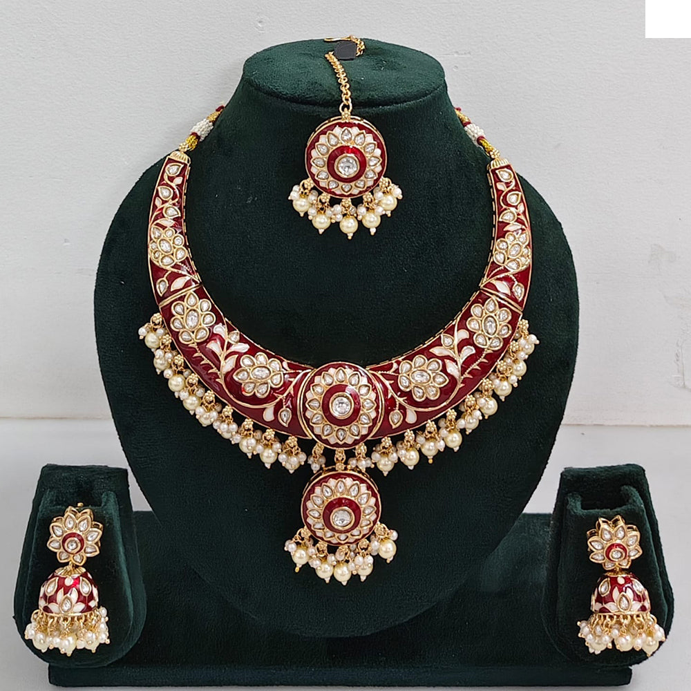 Rajwadi Collection Elegant Kundan Stone with Pearl Meenakari Necklace Set