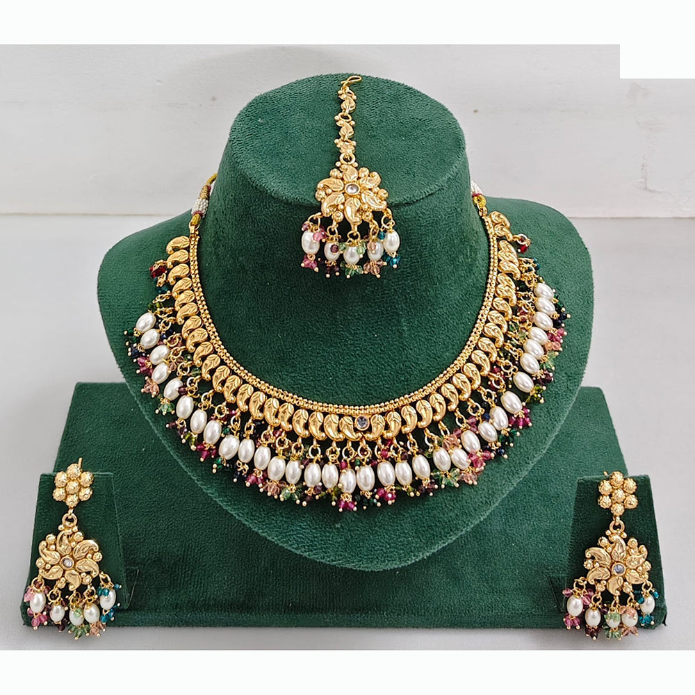 Rajwadi Collection Premium Crystal Stone Pearl And Beads Necklace Set