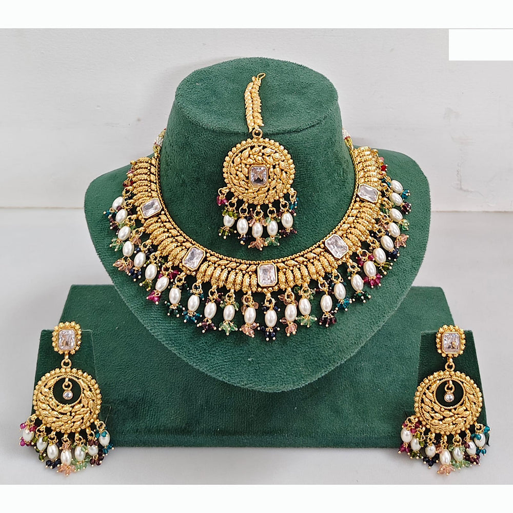 Rajwadi Collection Premium Crystal Stone Pearl And Beads Necklace Set