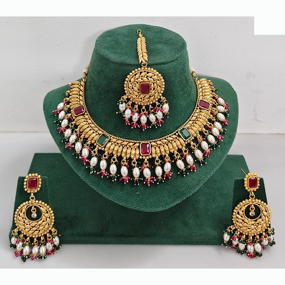 Rajwadi Collection Premium Crystal Stone Pearl And Beads Necklace Set
