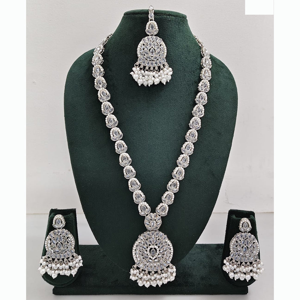 Rajwadi Collection Premium Crystal Stone And Pearl Long Necklace Set