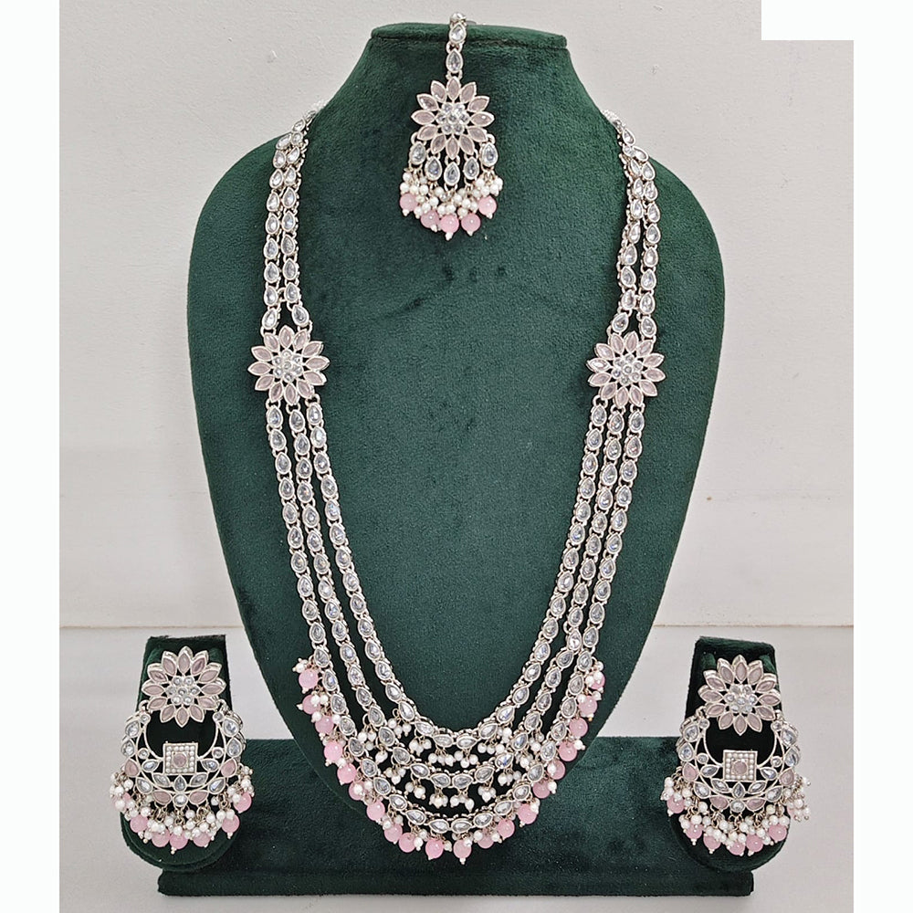 Rajwadi Collection Premium Crystal Stone And Pearl Long Necklace Set