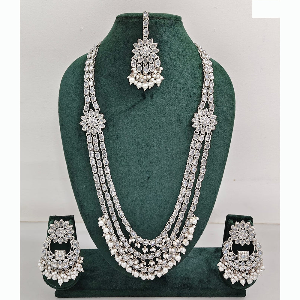 Rajwadi Collection Premium Crystal Stone And Pearl Long Necklace Set