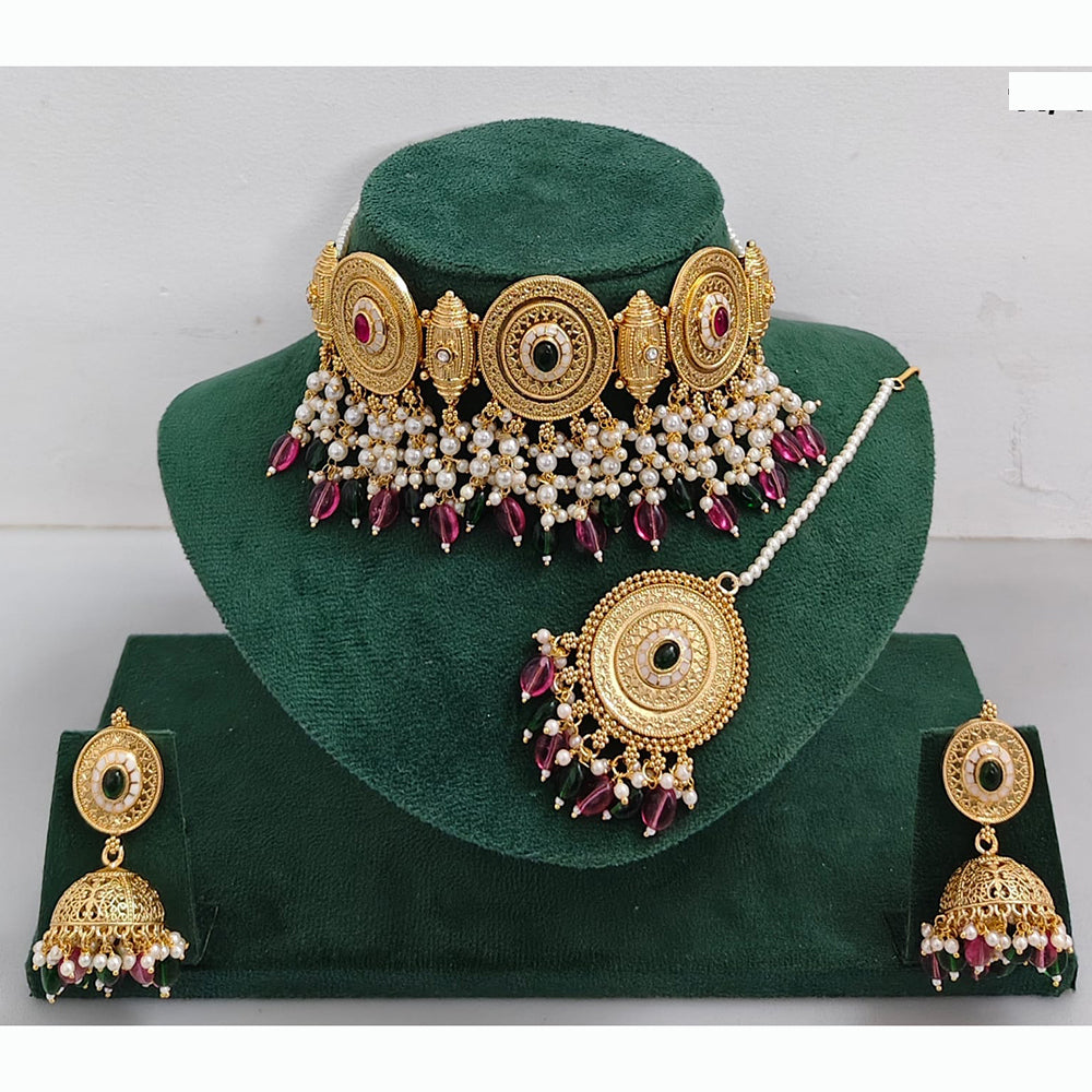 Rajwadi Collection Traditional Pota Stone And Pearl Choker Necklace Set