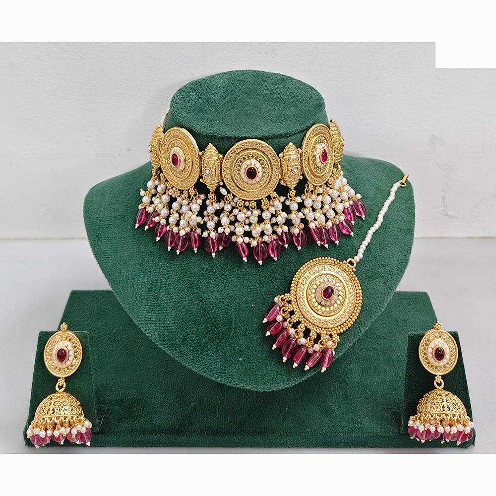 Rajwadi Collection Traditional Pota Stone And Pearl Choker Necklace Set