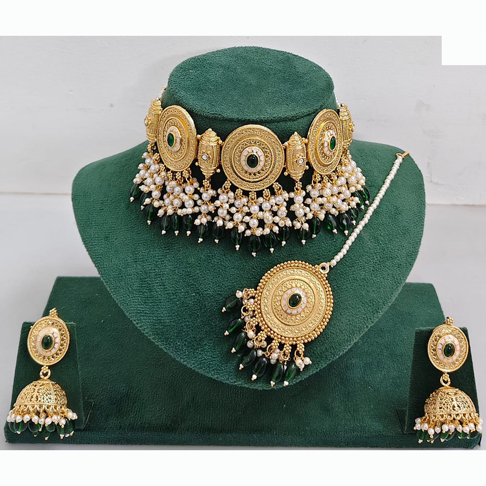 Rajwadi Collection Traditional Pota Stone And Pearl Choker Necklace Set