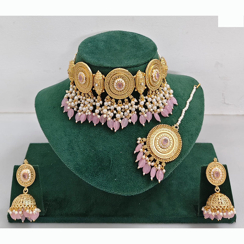 Rajwadi Collection Traditional Pota Stone And Pearl Choker Necklace Set